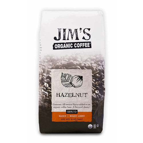 Jim’s Organic Coffee All Natural Hazelnut Flavored Blend, Light Roast, Ground - 12 Ounce