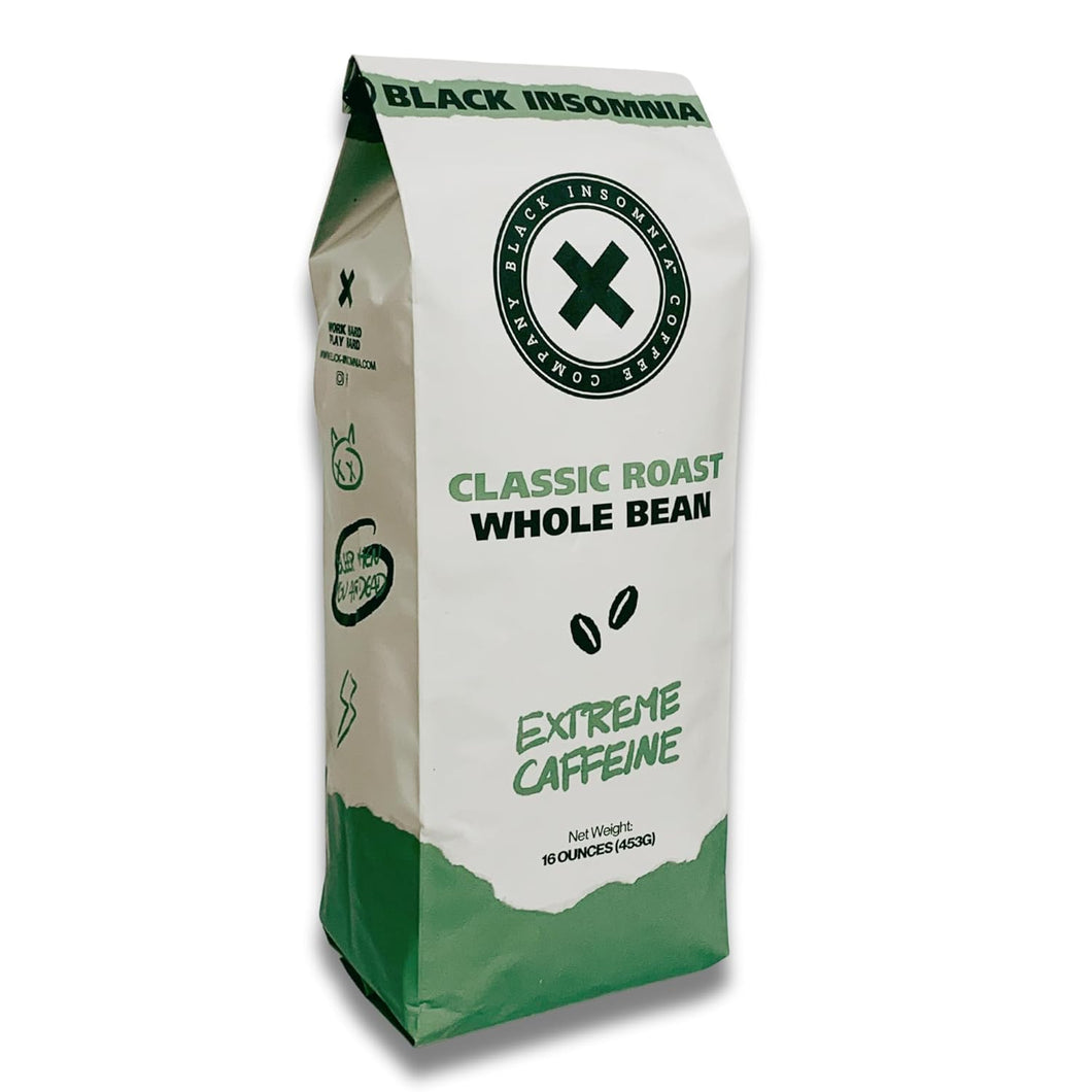 Black Insomnia Classic Roast Whole Bean Coffee - The Strongest Coffee in the World - 1lb Bag