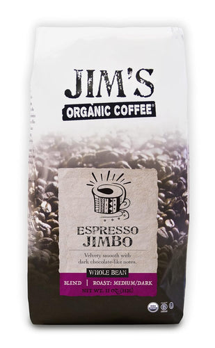 Jim’s Organic Coffee Espresso Jimbo Blend, Medium-Dark Roast, Whole Bean - 11 Ounce