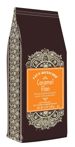 Café Mexicano Coffee Caramel Flan Flavored, Craft Roasted Ground Coffee - 12 Ounce