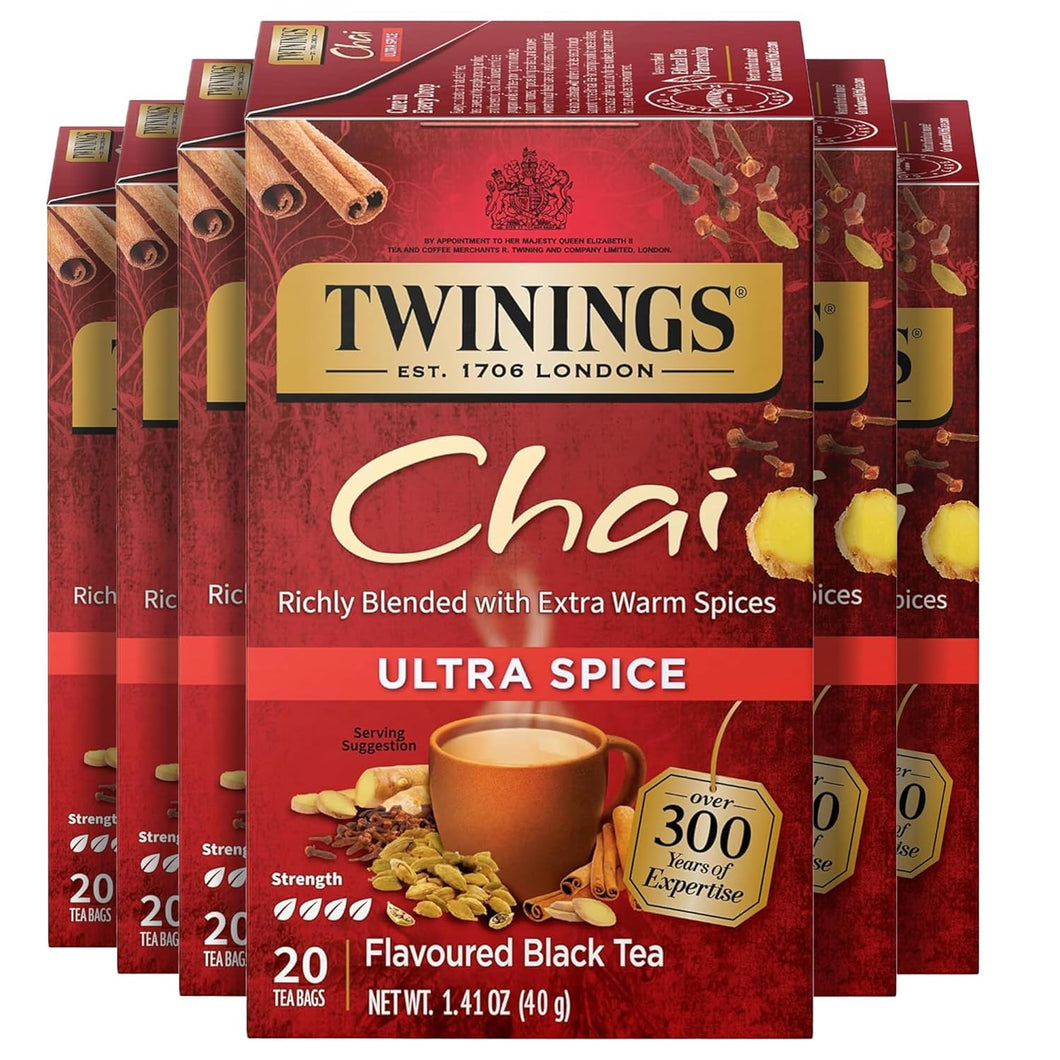 Twinings Tea Ultra Spice Chai Flavored Black Tea Bags - 20 Count (Case of 6)