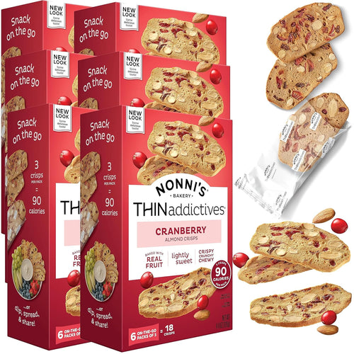 Nonni's THINaddictives Cranberry Almond Biscotti Cookie Thins - 18 Count (Case of 6)