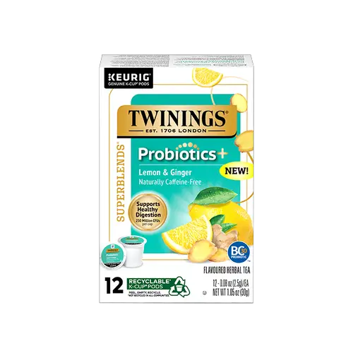 Twinings Probiotics+ Lemon & Ginger Herbal Tea K-Cup Pods for Keurig - 12 Count